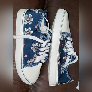 Floral Canvas Sneakers - Blue and White
